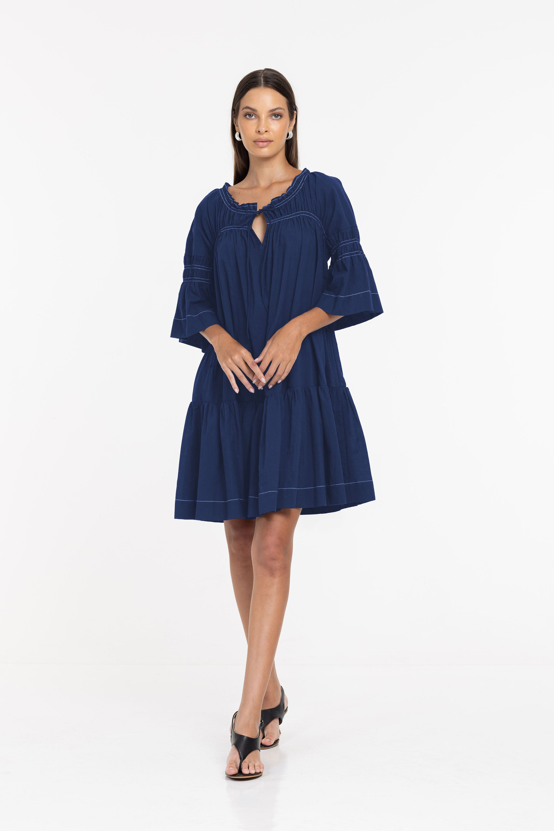 Thea Mini Dress - Night Sky w White Topstitching