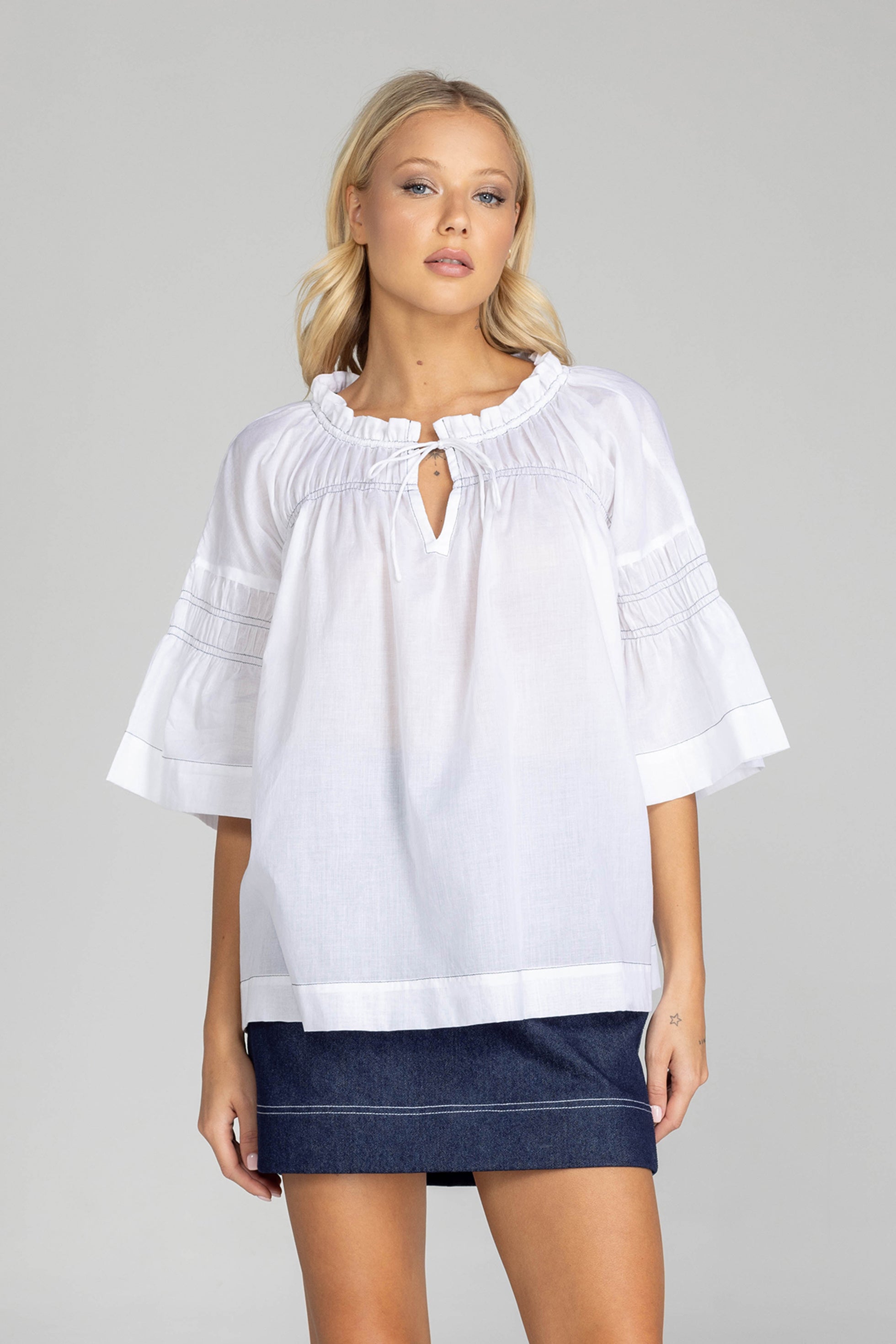 Thea Top - White with Black Stitching