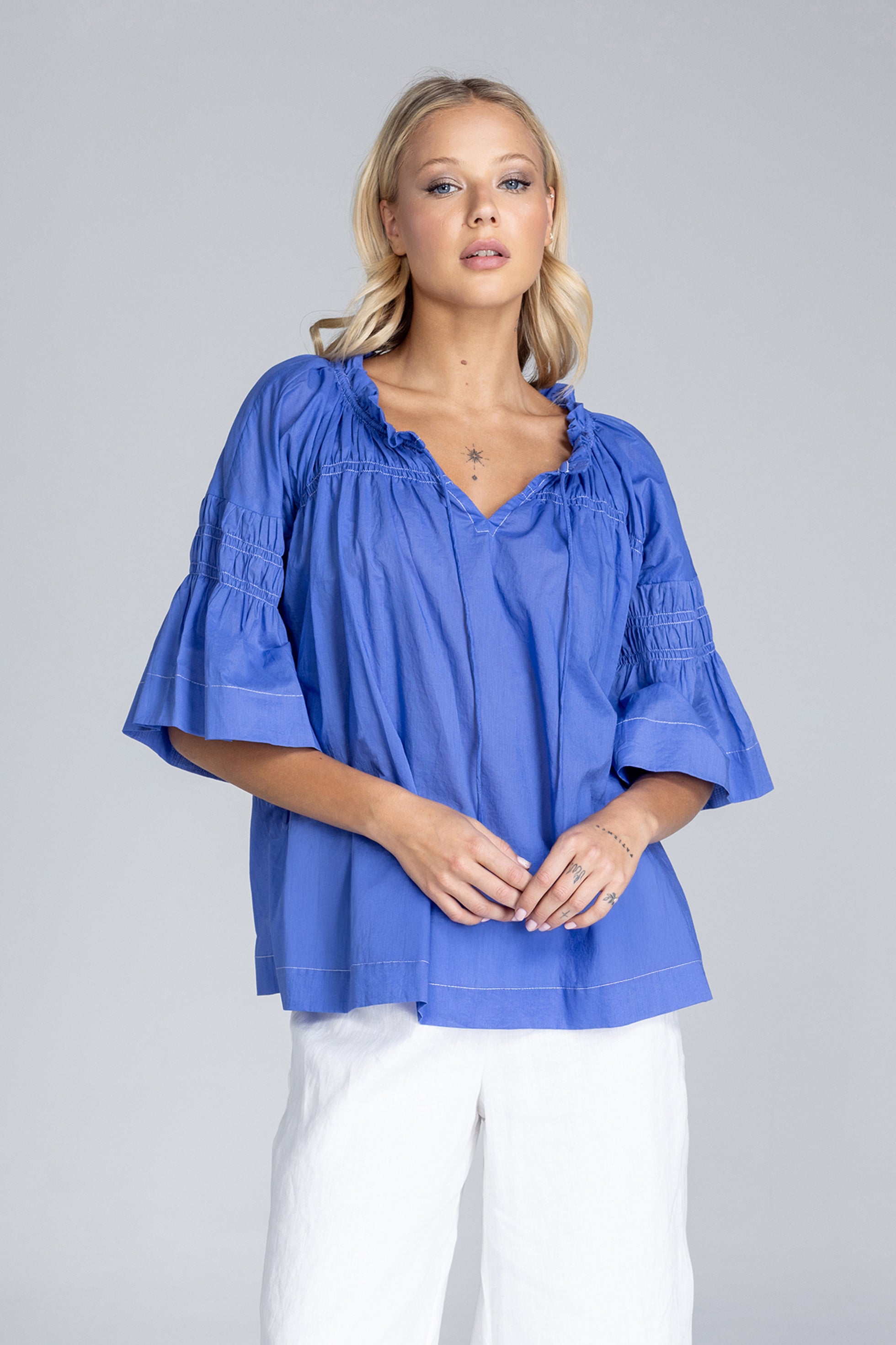 Thea Top - Juniper Blue with White Topstitching