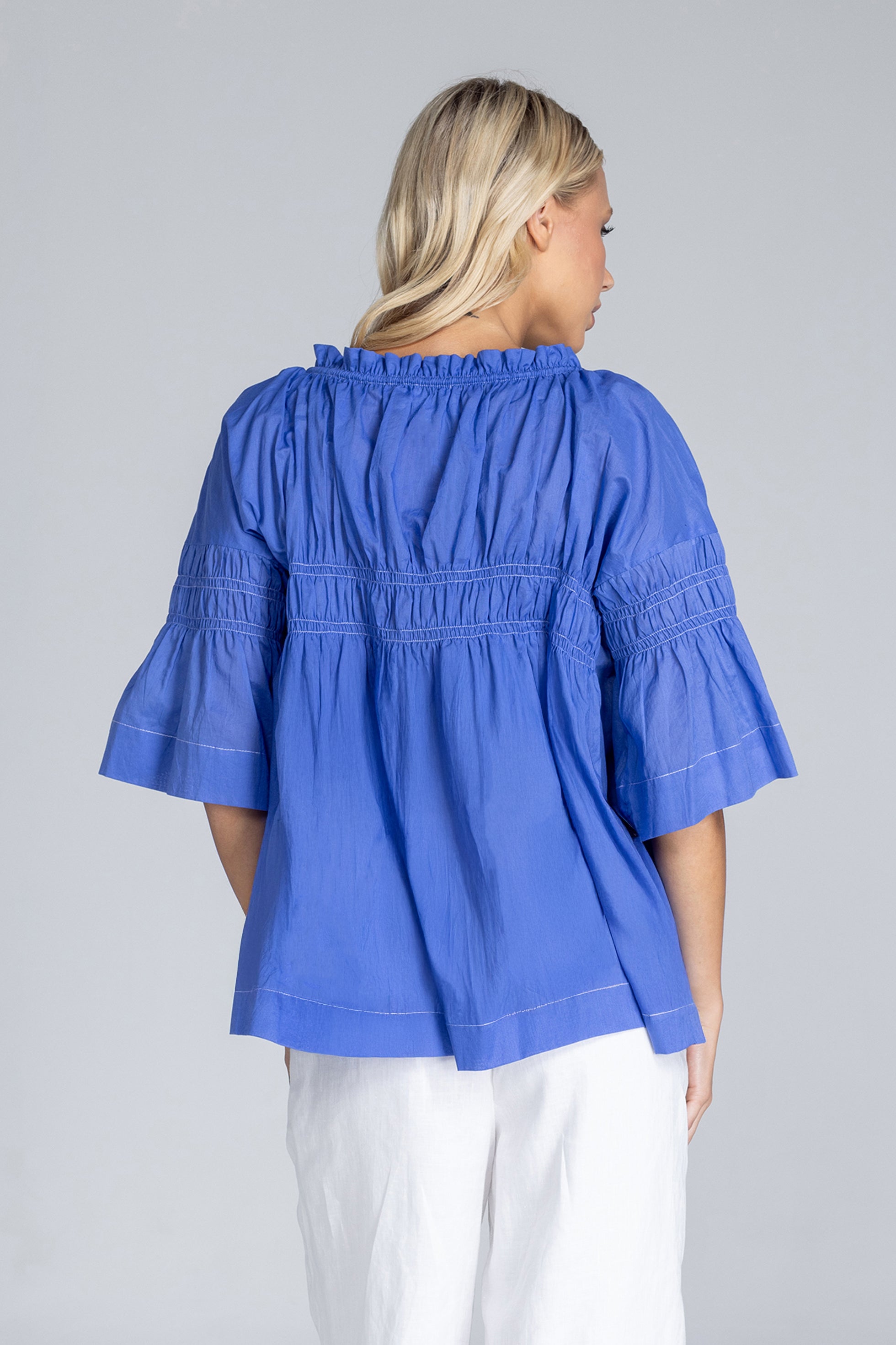 Thea Top - Juniper Blue with White Topstitching