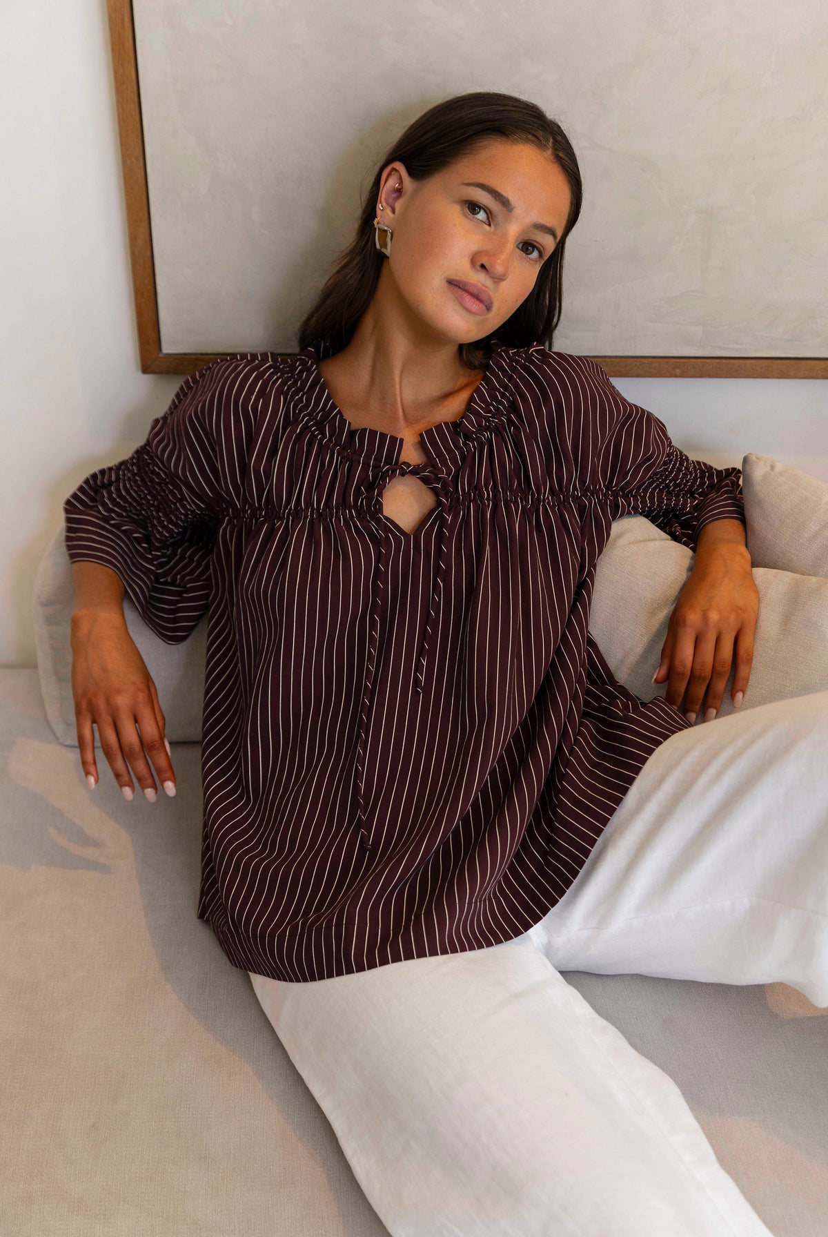 Thea Shirred Pinstripe Top | Wine