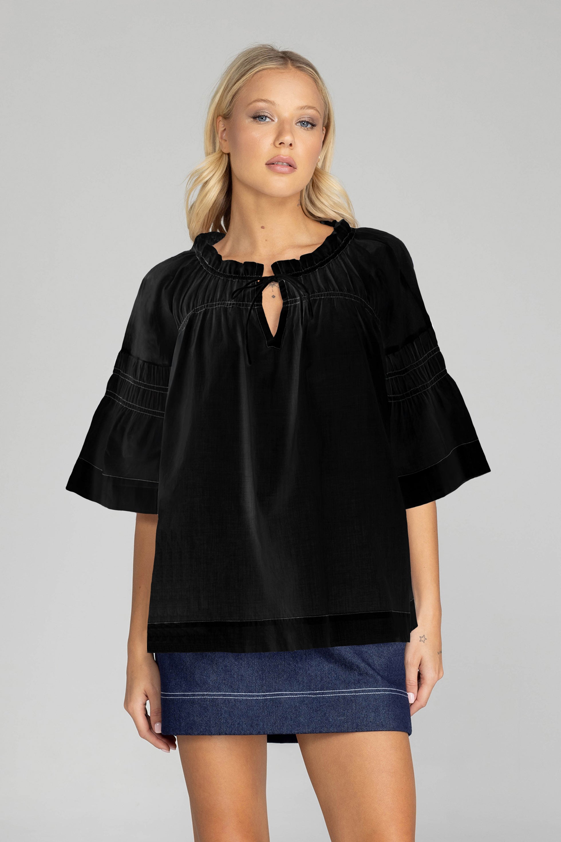 Thea Top - Black with White Stitching