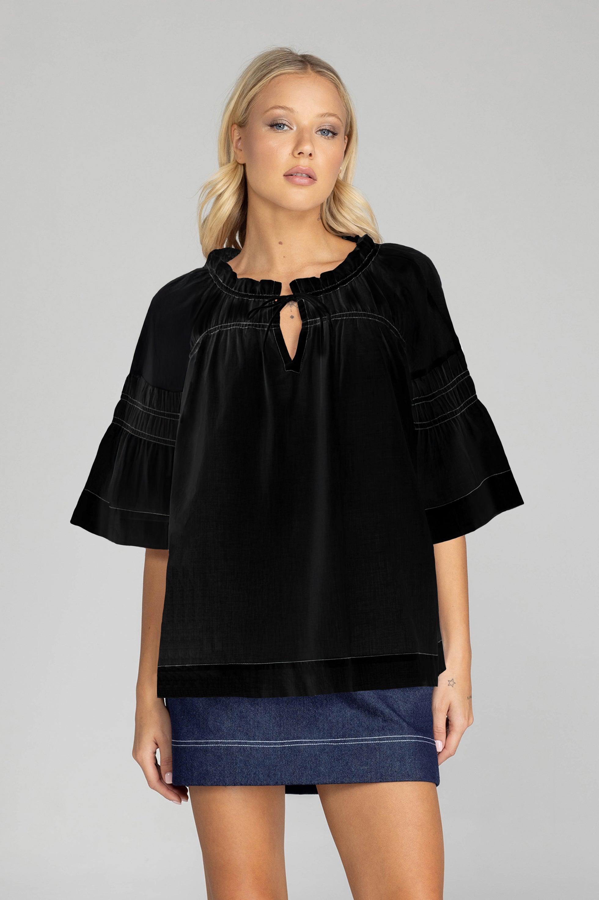 Thea Top - Black with White Stitching