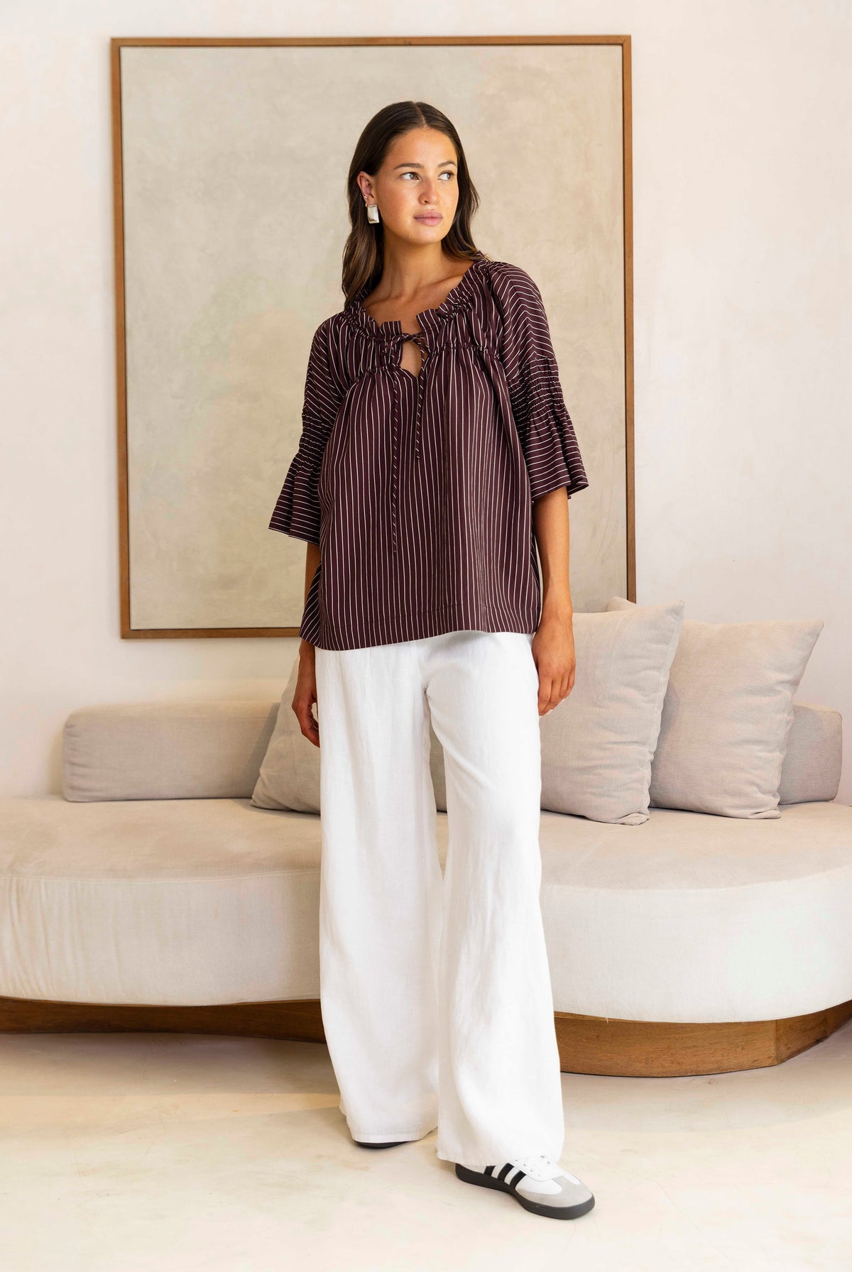 Thea Shirred Pinstripe Top | Wine