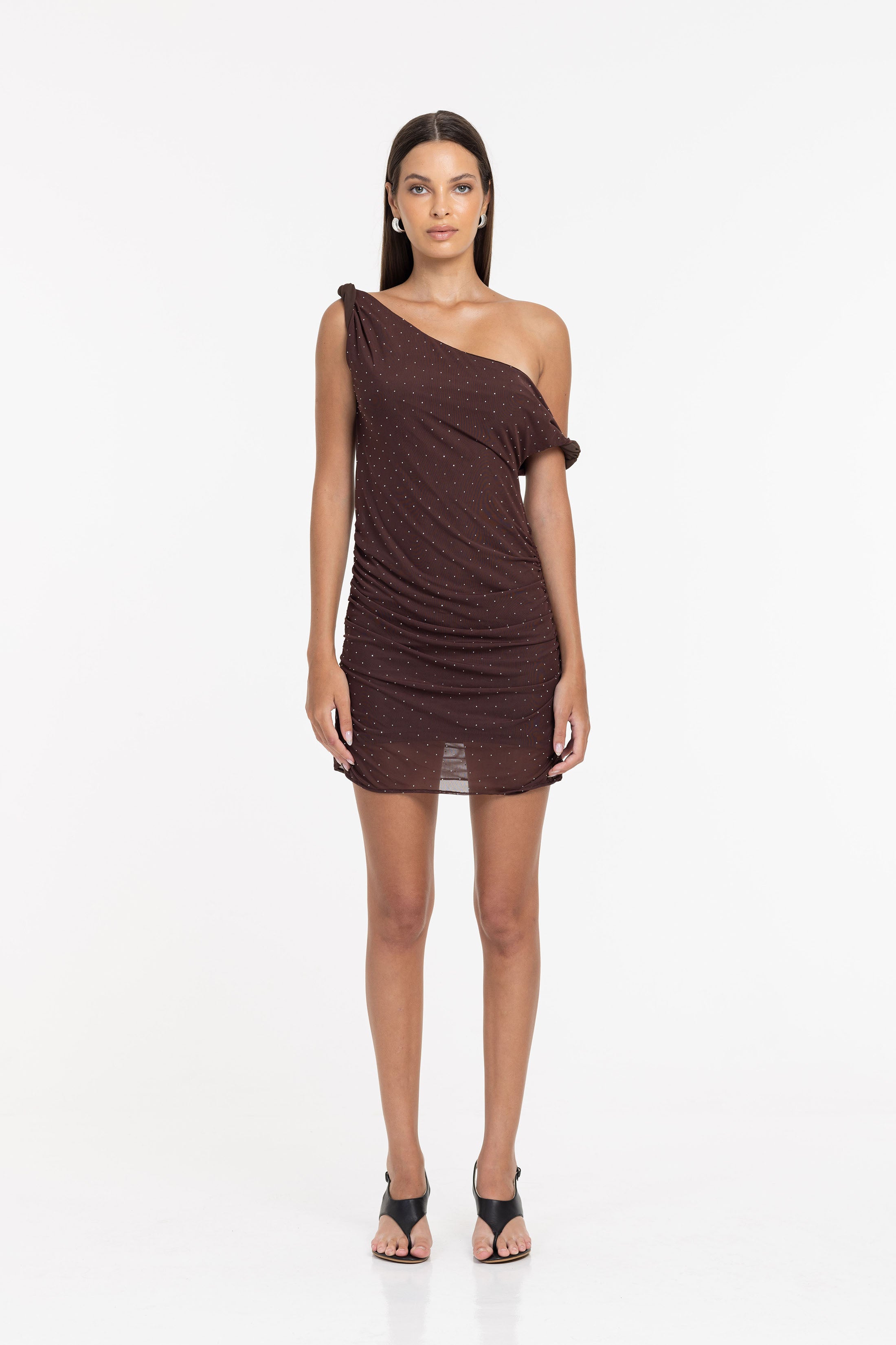 Twisted Dreams Mini Dress - Chocolate with Silver Diamantés - PRE-ORDER