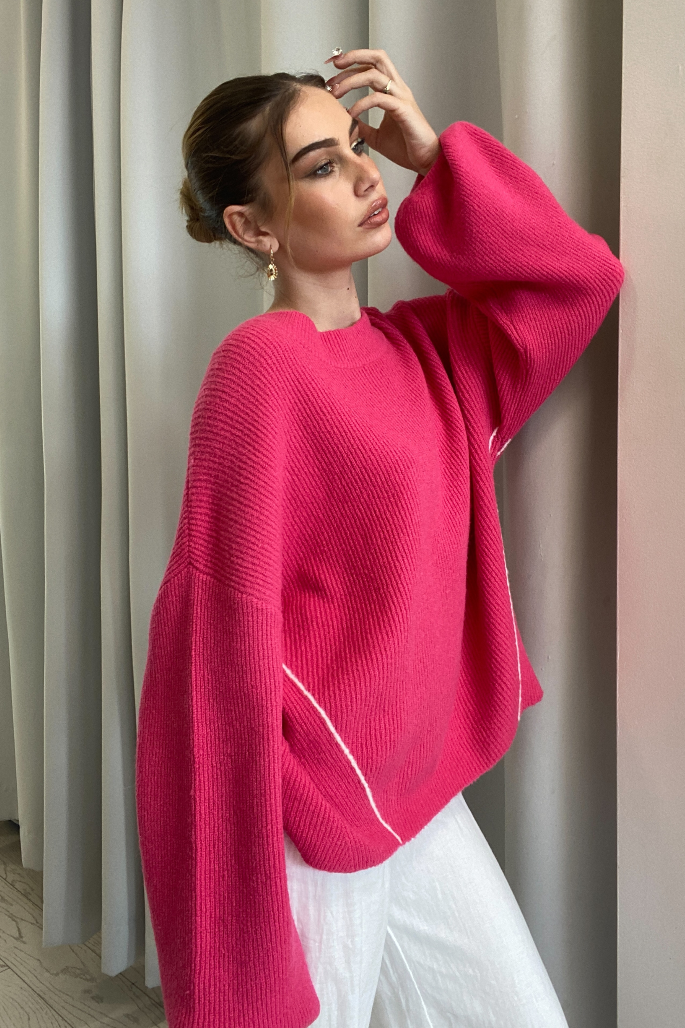 Viola Sweater - Strawberry with White Stitching