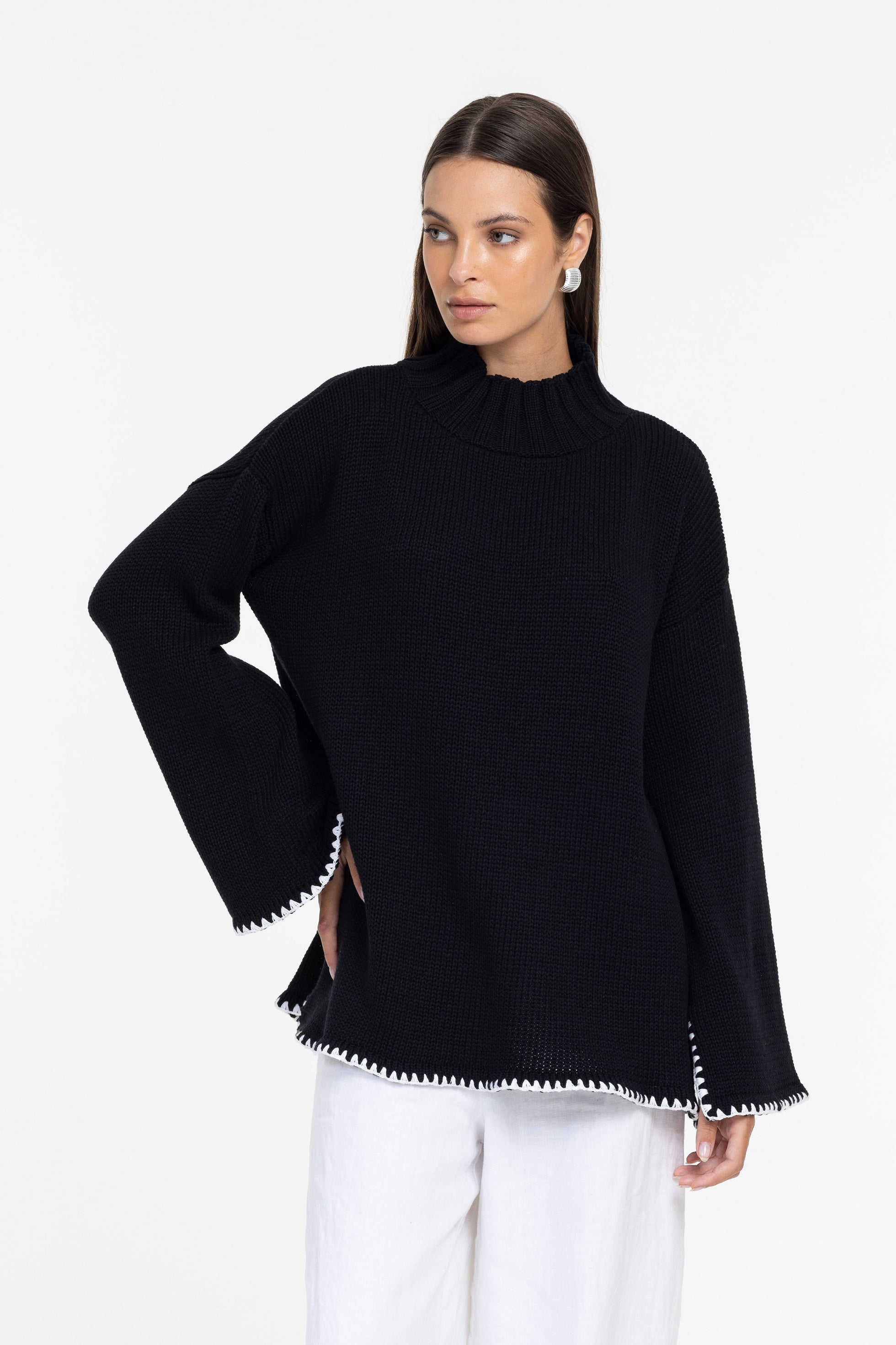 Vogue Sweater - Black with White Stitch Details