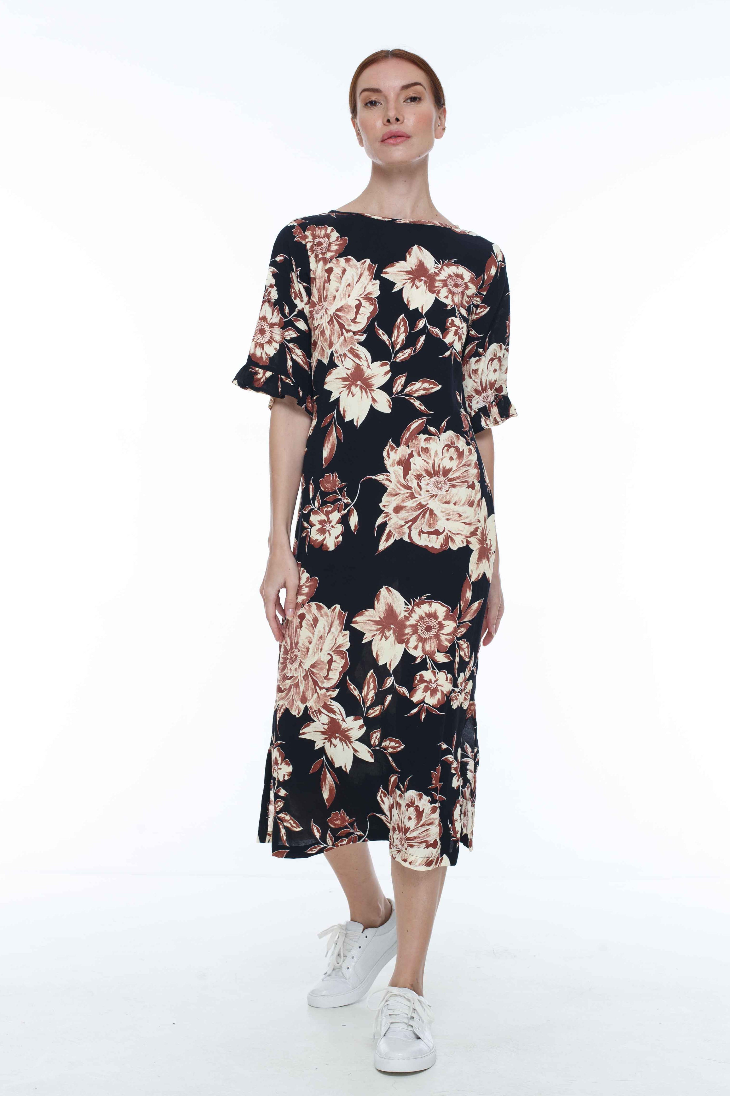 Floral Printed Midi Dress - BLAK - Roar Dress