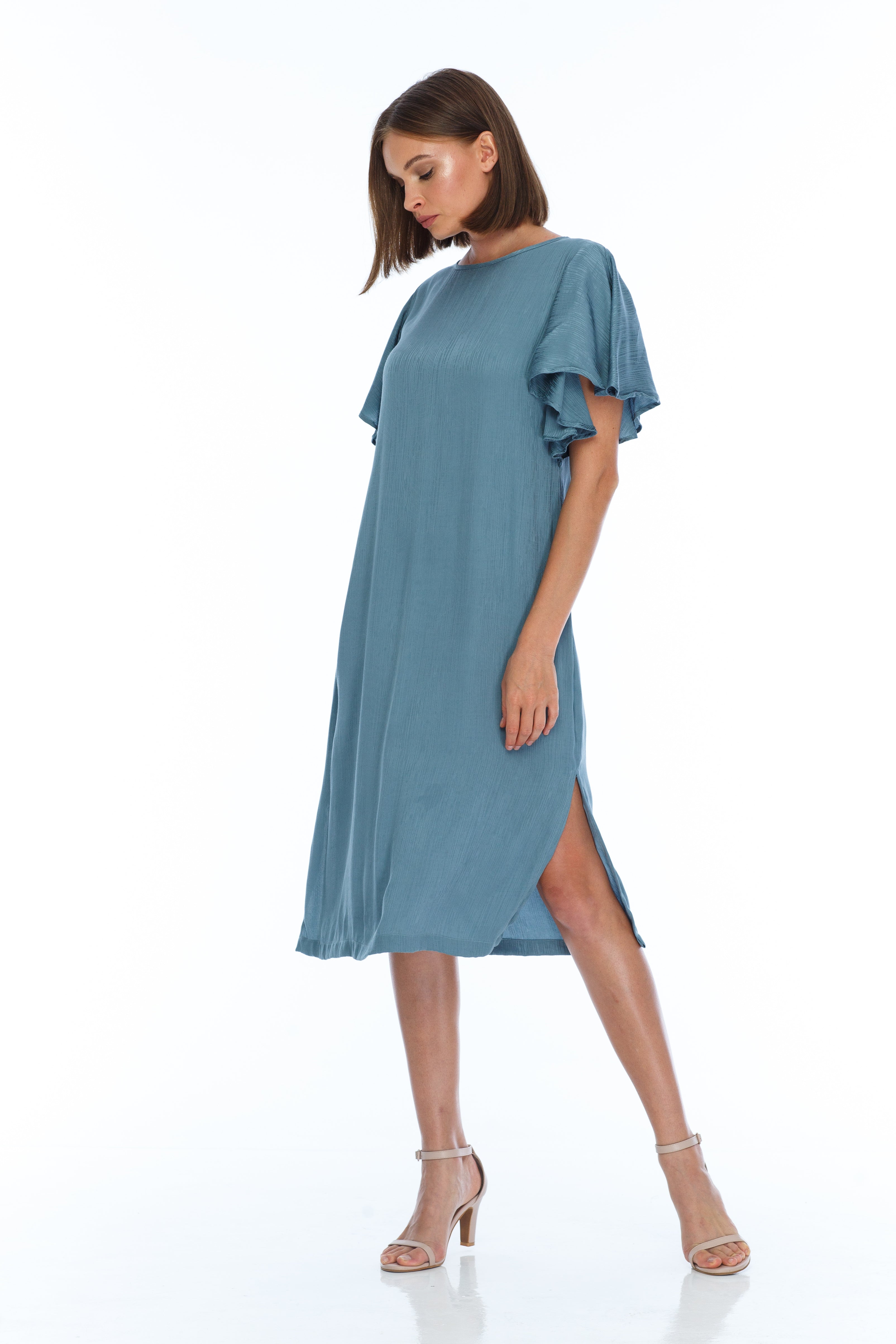 Charm Dress - silky blue flutter sleeve dress