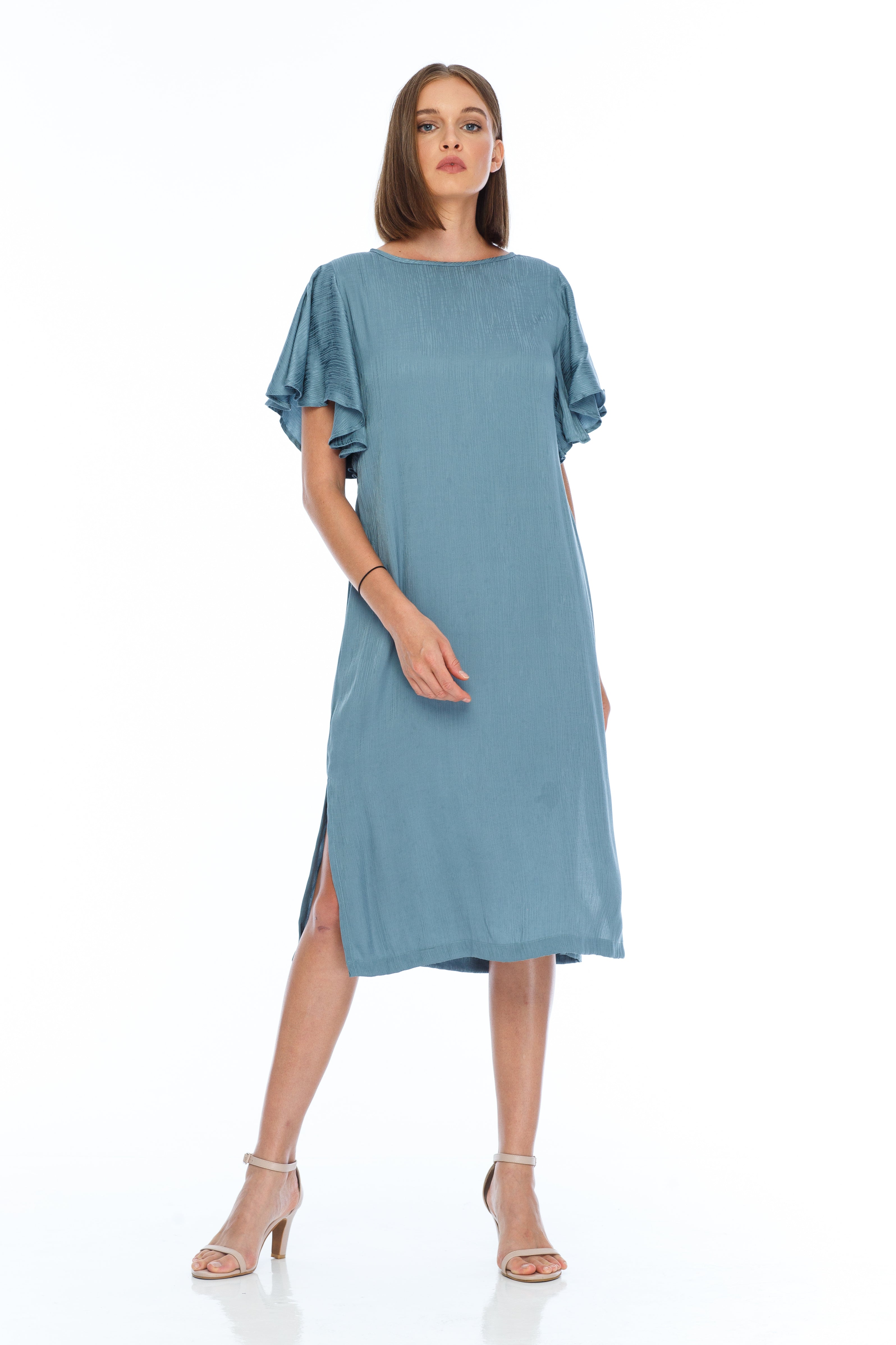 Charm Dress - silky blue flutter sleeve dress