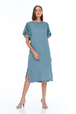 Charm Dress - silky blue flutter sleeve dress