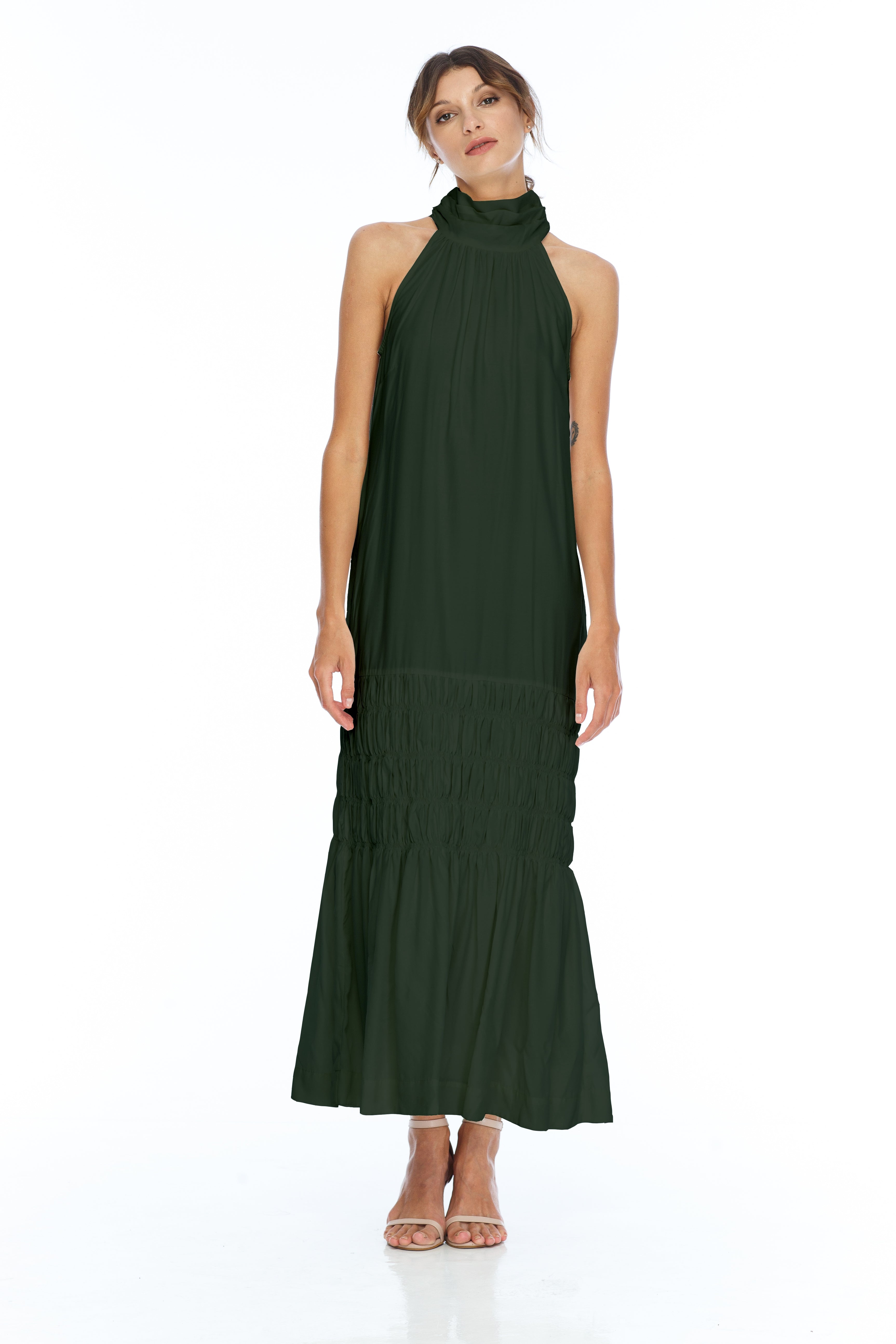 Halterneck Dress - BLAK - khaki tie neck halter dress